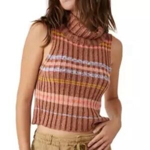 Free People Brown and Pink Ribbed Turtleneck Sweater